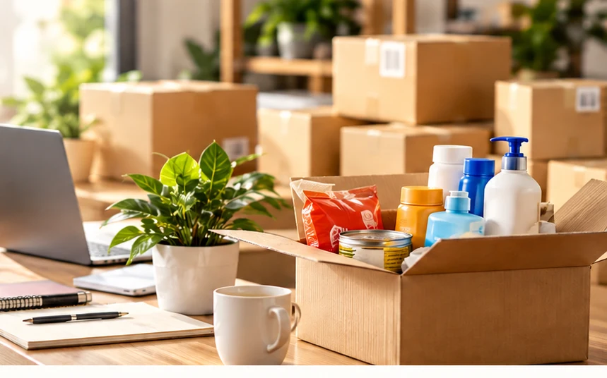 Illustrative workspace with shipping cartons and everyday goods, representing sourcing and business development